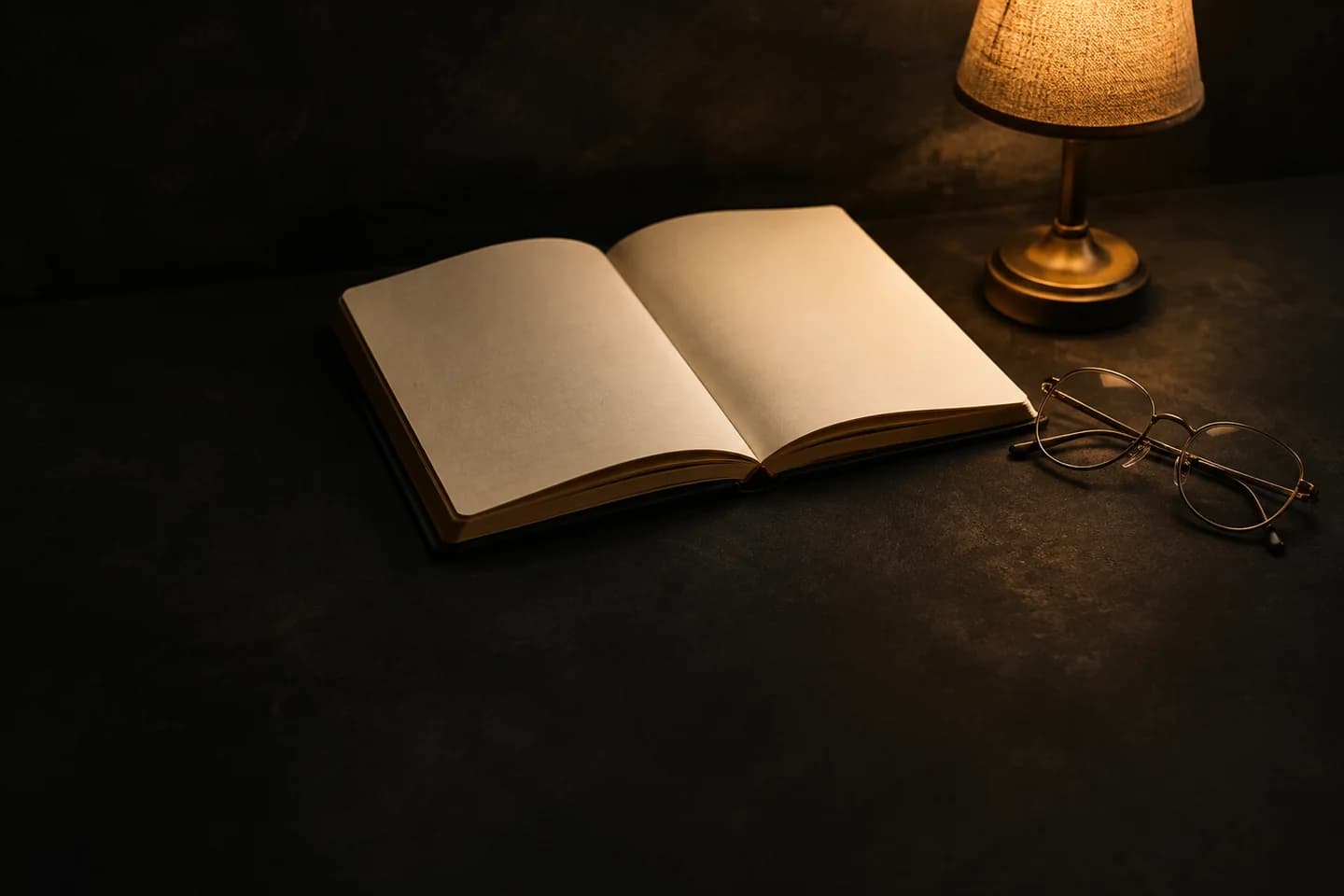 An open journal beside reading glasses in warm light