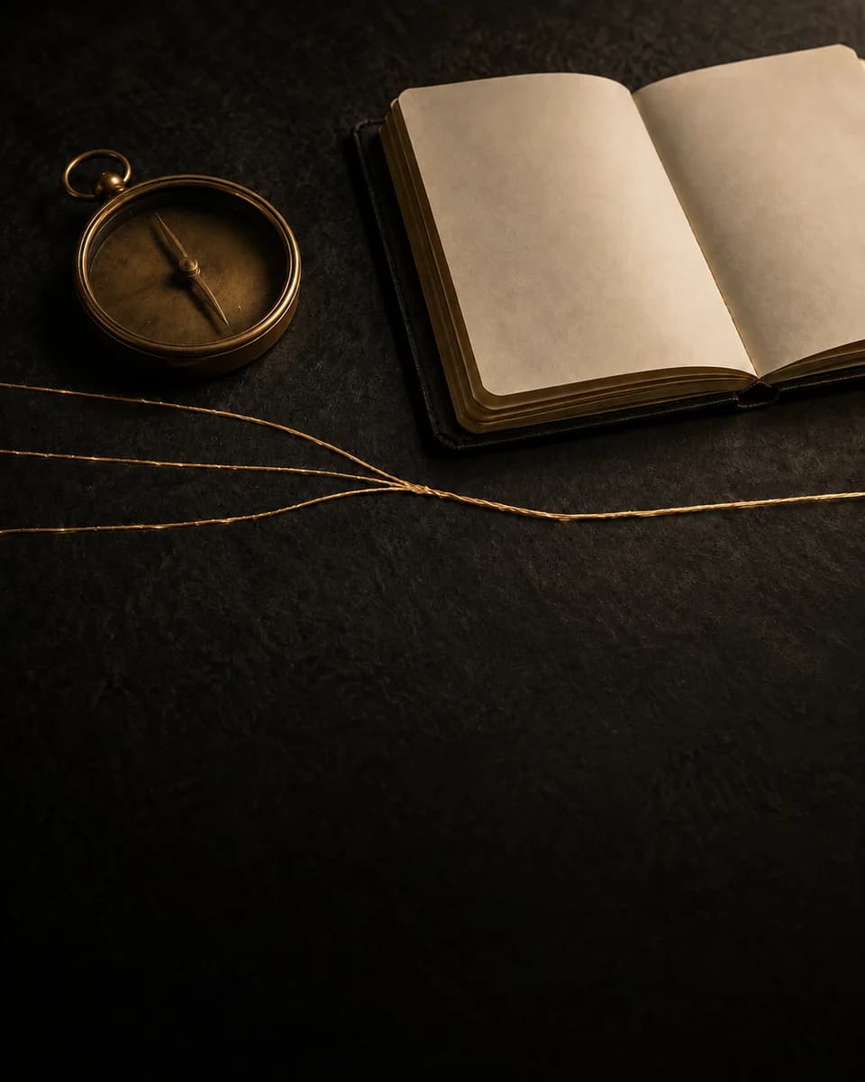 A brass compass with three gold paths on dark textured paper